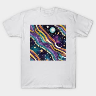 Geometric pattern of curved seamless stripes making a starry night with galaxy and stars T-Shirt